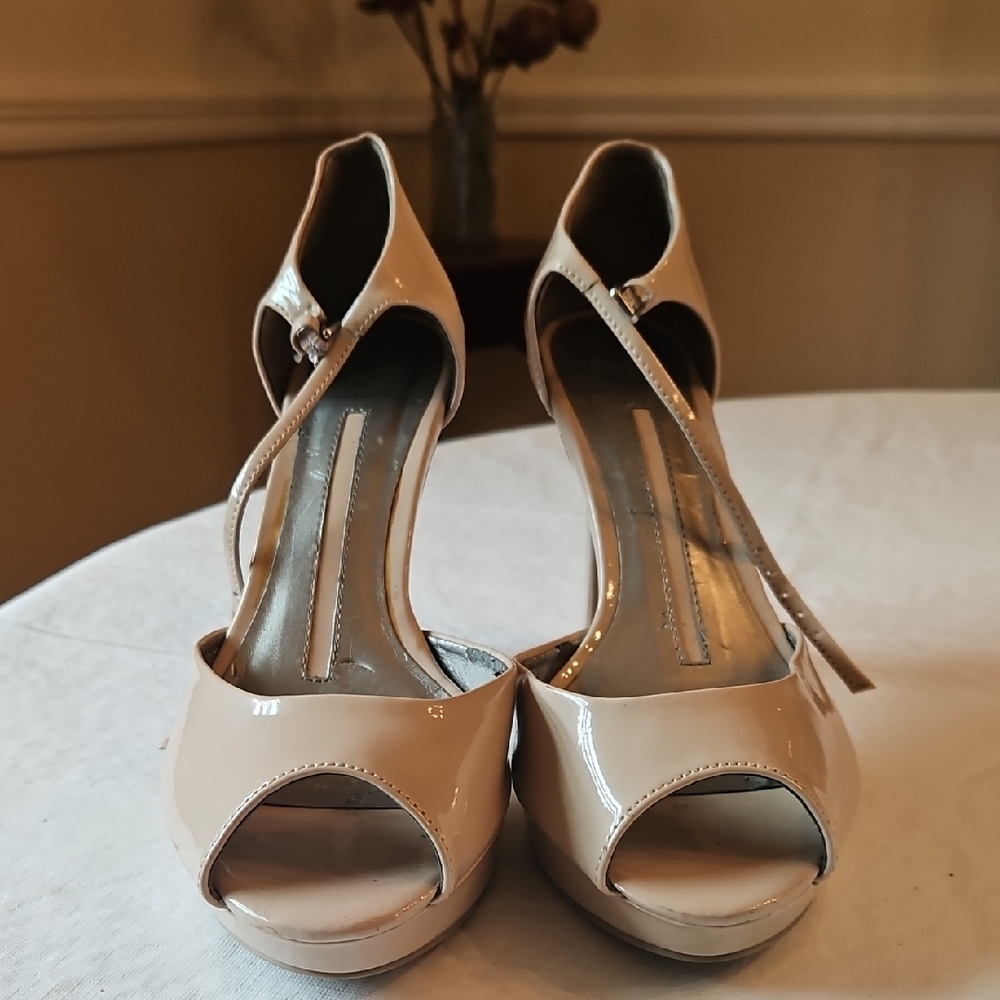 New Directions Cream Peep-Toe Heels with Ankle Strap